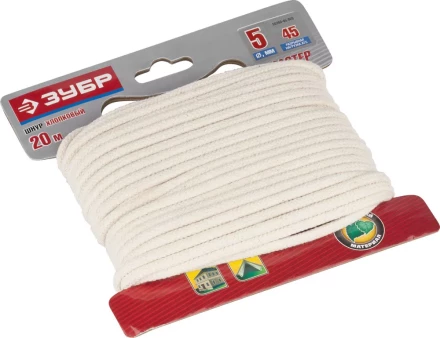 Шнур ЗУБР хлопковый плетеный, натуральный, без сердечника, d=5, 20 м, 45 кгс, 9,5 ктекс 50350-05-020 купить в Екатеринбурге