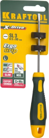 Отвертка KRAFTOOL, Cr-Mo-V сталь, двухкомпонентная противоскользящая рукоятка, SL, 3,0x80мм 250071-3.0-080 купить в Екатеринбурге