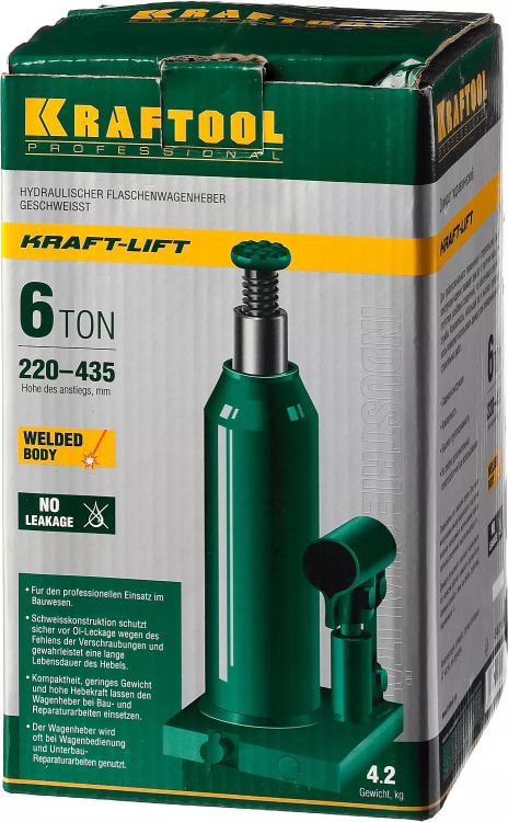 Домкрат гидравлический бутылочный "Kraft-Lift", сварной, 6т, 220-435мм, KRAFTOOL 43462-6 43462-6_z01 купить в Екатеринбурге