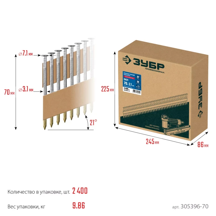 ЗУБР SN21 70 х 3.1 мм, реечные гвозди рифленые оцинкованные, 2400 шт (305396-70) купить в Екатеринбурге