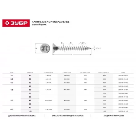 Саморезы СУ-Б универсальные, 50 x 4.5 мм, 2 500 шт, белый цинк, ЗУБР 300370-45-050 купить в Екатеринбурге