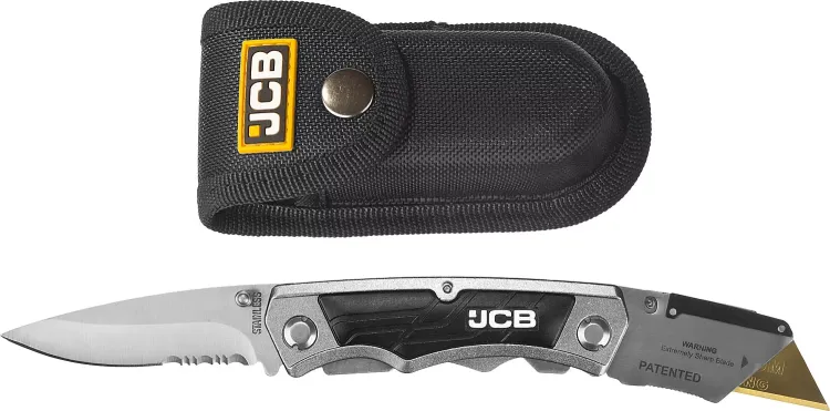 Нож JCB складной многофункц, трапец лезвие, тип "А24", перочин лезвие с серрейтор заточкой, мет корпус, чехол, 5 лезвий JLC003 купить в Екатеринбурге