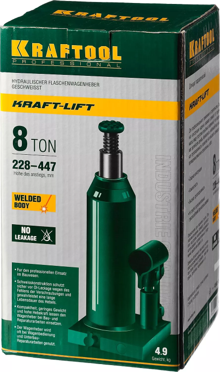 Домкрат гидравлический бутылочный "Kraft-Lift", сварной, 8т, 228-447мм, KRAFTOOL 43462-8 43462-8_z01 купить в Екатеринбурге