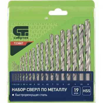 Набор сверл по металлу 1-10 мм через 0,5 мм HSS 19 штук ,пластик.коробка цил. хвостовик СИБРТЕХ 723887 купить в Екатеринбурге