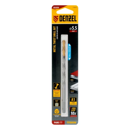 Сверло спиральное по металлу Denzel 5,5 х 139 мм, Р6М5, Golden Tip, удлиненное, 718255 купить в Екатеринбурге