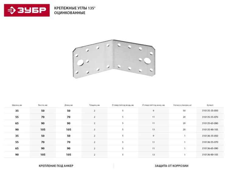 Крепежный угол ЗУБР "МАСТЕР" 135 град, 55х70х70мм, 20шт 310135-55-070 купить в Екатеринбурге