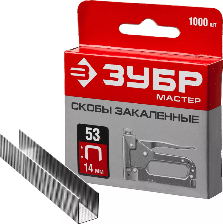Скобы тип 53, 14 мм, закаленные, ЗУБР "МАСТЕР" 31625-14, 1000 шт 31625-14 купить в Екатеринбурге