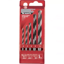 Набор сверл по дереву 4-5-6-8-10мм  цилиндрический хвостовик пластиковый кейс MATRIX 70281