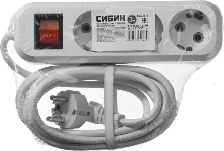 Удлинитель СИБИН электрический, ПВС сечение 0,75кв мм, 3 гнезда, макс мощн 2200Вт, 3м, заземление, выключатель 55036-3 купить в Екатеринбурге