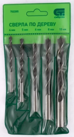 Набор сверл по дереву 4-5-6-8-10 мм 5 штук цилиндрический хвостовик СИБРТЕХ 702205 купить в Екатеринбурге