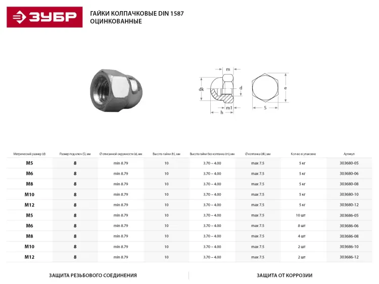 Гайка ЗУБР "МАСТЕР" колпачковая DIN 1587, оцинкованная,  M8, 5кг 303680-08 купить в Екатеринбурге