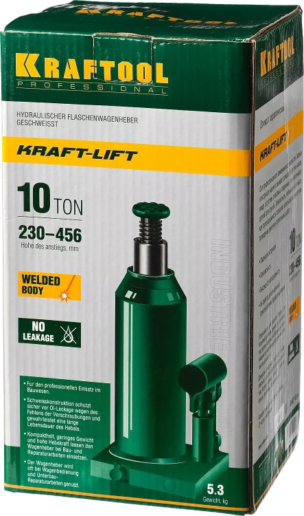 Домкрат гидравлический бутылочный "Kraft-Lift", сварной, 10т, 230-456мм, KRAFTOOL 43462-10 43462-10_z01 купить в Екатеринбурге