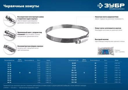 ЗУБР Х-9Н, 90 - 110 мм, накатная лента 9 мм, цинк, 25 шт, червячный хомут (37807-110) купить в Екатеринбурге