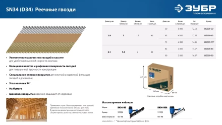 ЗУБР SN34 (D34) 63 х 2.8 мм, реечные гвозди рифленые оцинкованные, 4000 шт (305399-63) купить в Екатеринбурге