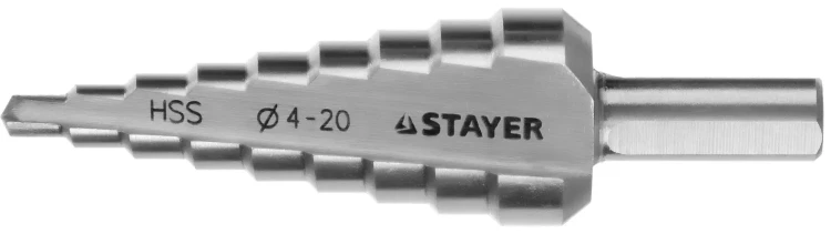 Сверло STAYER "MASTER" ступенчатое по сталям и цвет.мет., сталь HSS, d=4-20мм, 9ступ.d 4-20, L-75 мм,трехгран. хвост. 8мм 29660-4-20-9 купить в Екатеринбурге