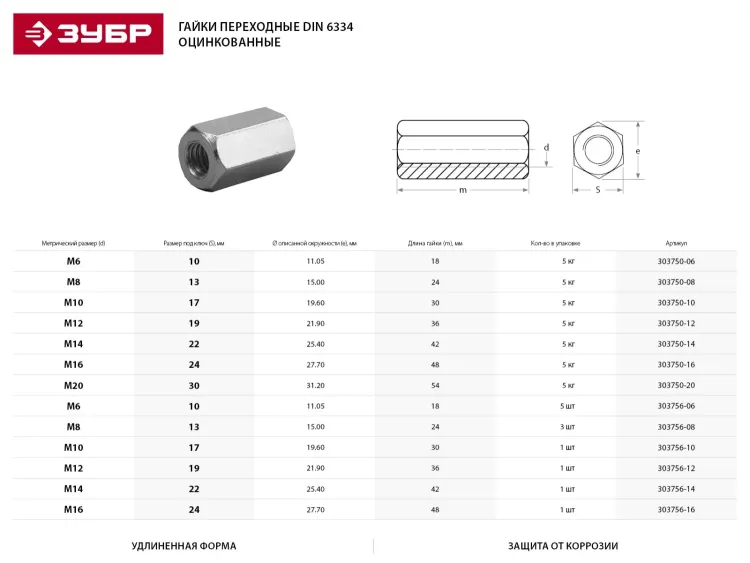 Гайка ЗУБР "МАСТЕР" переходная, DIN 6334, оцинкованная, M14, 5кг 303750-14 купить в Екатеринбурге