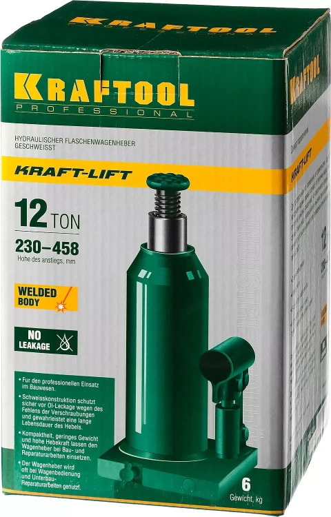 Домкрат гидравлический бутылочный "Kraft-Lift", сварной, 12т, 230-458мм, KRAFTOOL 43462-12 43462-12_z01 купить в Екатеринбурге