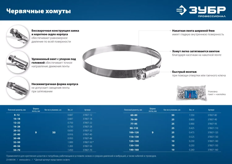 ЗУБР Х-9Н, 130 - 150 мм, накатная лента 9 мм, цинк, 10 шт, червячный хомут (37807-150) купить в Екатеринбурге