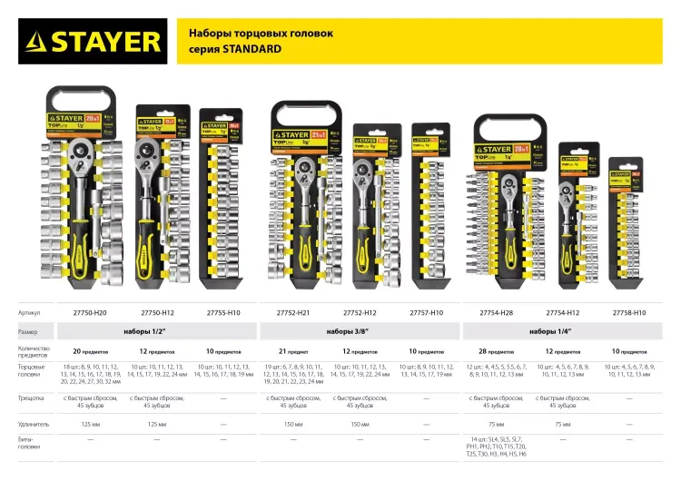 Набор STAYER "STANDARD": Торцовые головки (1/2") на пластиковом рельсе, трещотка, удлинитель, 8-32мм, 20 предметов 27750-H20 купить в Екатеринбурге