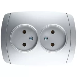 Розетка СВЕТОЗАР &quot;АКЦЕНТ&quot; двойная в сборе, без заземления, цвет серебристый металлик, 16А/~250В SV-54202-SM