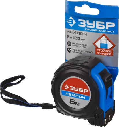 Рулетка ЗУБР &quot;НЕЙЛОН&quot;, нейлоновое покрытие, упрочненное полотно, ударопрочный обрезиненный корпус, 5м/25мм 34056-05-25_z01 купить в Екатеринбурге
