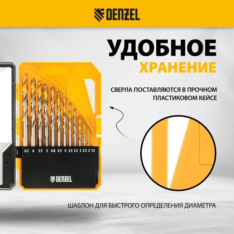 Набор сверл по металлу Denzel 723002, 1,5-6,5мм, Р6М5-TiN, Golden Tip, 13 шт купить в Екатеринбурге