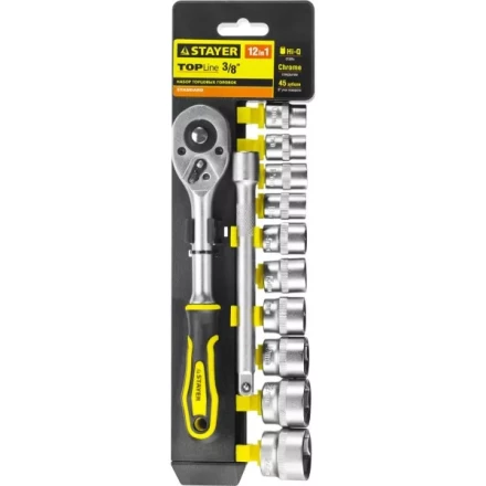 Набор STAYER &quot;STANDARD&quot;: Торцовые головки (3/8&quot;) на пластиковом рельсе, трещотка, удлинитель, 10-24мм, 12 предметов 27752-H12 купить в Екатеринбурге