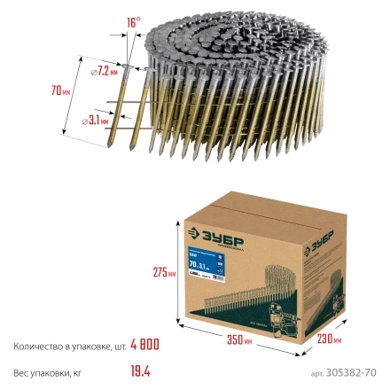 ЗУБР CNW 70 х 3.1 мм, барабанные гвозди рифленые, 4800 шт (305382-70) купить в Екатеринбурге