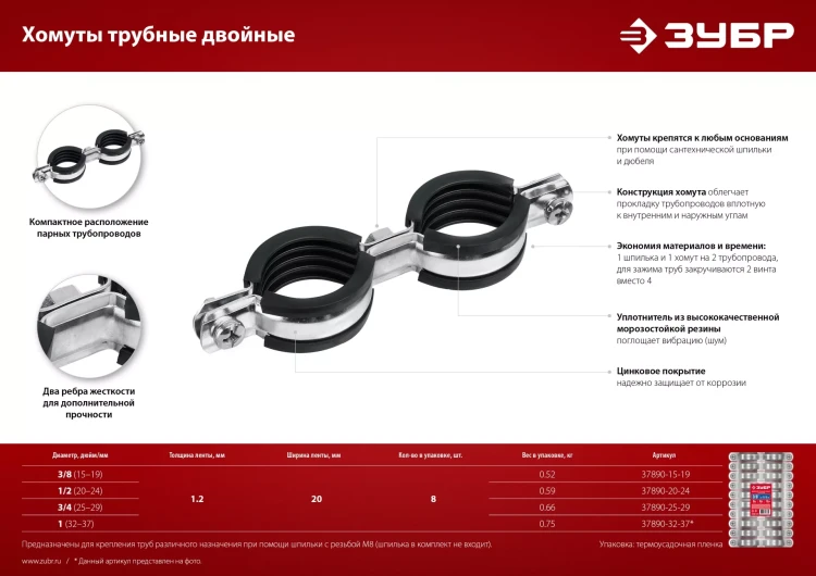 ЗУБР 1, цинк, 8 шт, двойной трубный хомут (37890-32-37) купить в Екатеринбурге