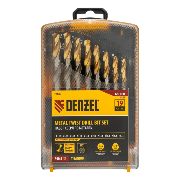 Набор сверл по металлу Denzel 723003, 1-10 мм, Р6М5-TiN, Golden Tip, 19 шт купить в Екатеринбурге