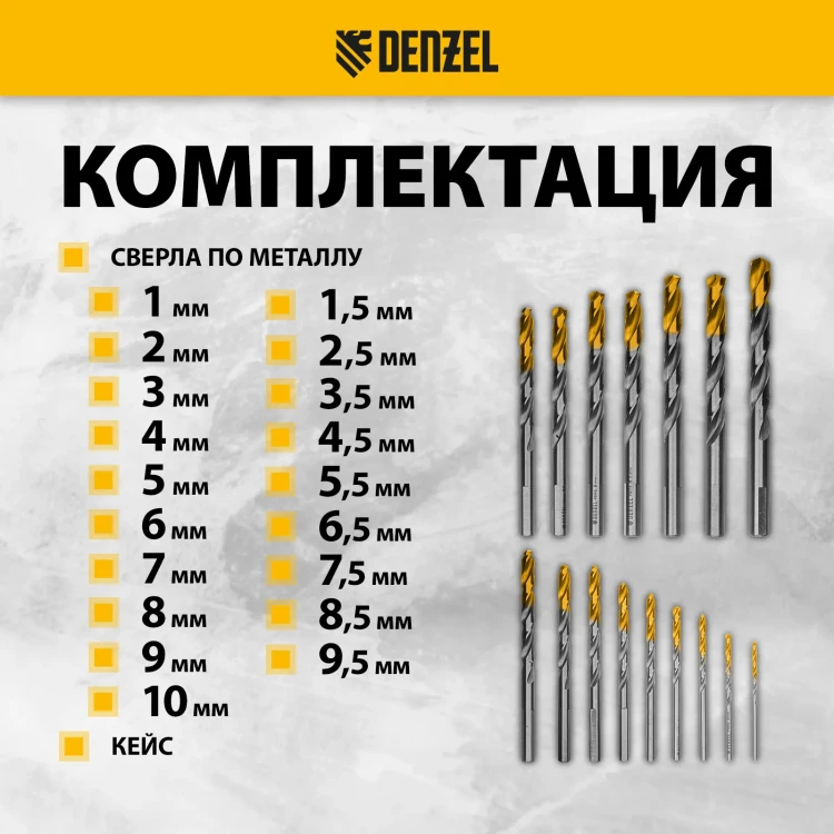 Набор сверл по металлу Denzel 723003, 1-10 мм, Р6М5-TiN, Golden Tip, 19 шт купить в Екатеринбурге