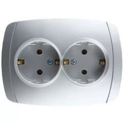 Розетка СВЕТОЗАР &quot;АКЦЕНТ&quot; двойная в сборе, с заземлением, цвет серебристый металлик, 16А/~250В SV-54207-SM