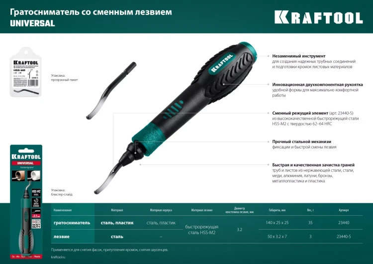 Гратосниматель KRAFTOOL EXPERT для зачистки граней труб и листов из нерж. стали,меди,пластика,универс,сменное лезвие 23440 купить в Екатеринбурге