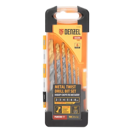 Набор сверл по металлу Denzel, 2-8мм, Р6М5К8-TiN, Golden Tip, 6 шт 723004 купить в Екатеринбурге