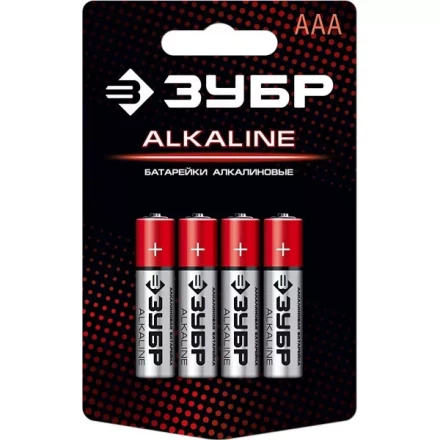Батарейка &quot;ЗУБР&quot; &quot;ALCALINE&quot; щелочная (алкалиновая), &quot;AAA&quot;, 1,5В, 4шт 59221-4C купить в Екатеринбурге
