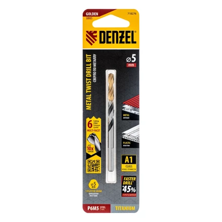 Сверло спиральное по металлу Denzel 5 x 86мм, Р6М5, Golden Tip, многогранная заточка, 718276 купить в Екатеринбурге