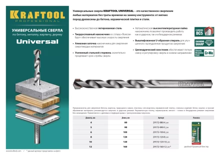Сверло &quot;UNIVERSAL&quot; по бетону, металлу, дереву, KRAFTOOL PROFESSIONAL 29172-090-5, 5 х 90 мм 29172-090-5_z01 купить в Екатеринбурге