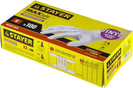 Перчатки STAYER &quot;MASTER&quot; виниловые экстратонкие, S, 100шт 11207-S купить в Екатеринбурге
