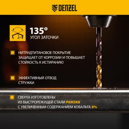 Набор сверл по металлу Denzel 723010, 1-13 мм, Р6М5К8-TiN, Golden Tip, 25 шт купить в Екатеринбурге