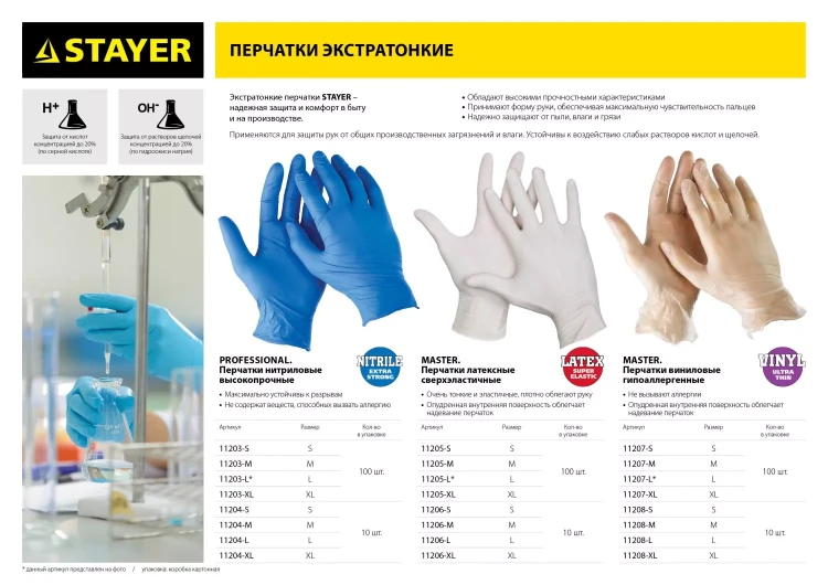Перчатки STAYER "PROFI" нитриловые экстратонкие, XL, 100шт 11203-XL купить в Екатеринбурге