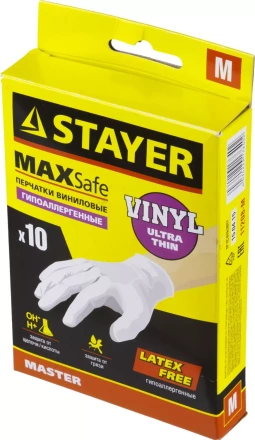 Перчатки STAYER &quot;MASTER&quot; виниловые экстратонкие, M, 10шт 11208-M купить в Екатеринбурге