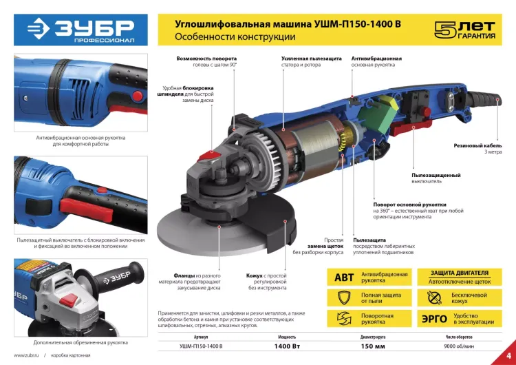 Машина углошлифовальная УШМ-П150-1400 В серия ПРОФЕССИОНАЛ купить в Екатеринбурге