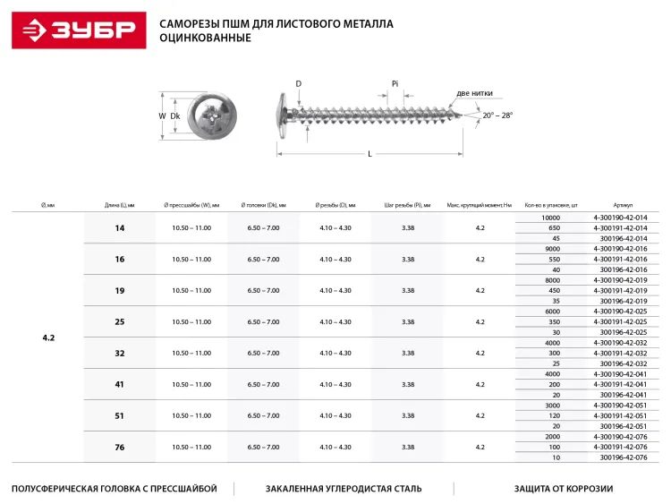 Саморезы ЗУБР с прессшайбой по листовому металлу до 0,9мм, PH2, 4,2х25мм, ТФ0, 6000шт 4-300190-42-025 купить в Екатеринбурге