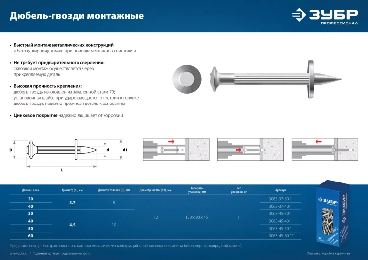 ЗУБР ДГМ, 40 x 3.7 мм, цинк, 1 кг, монтажный дюбель-гвоздь , Профессионал (3063-37-40-1) купить в Екатеринбурге